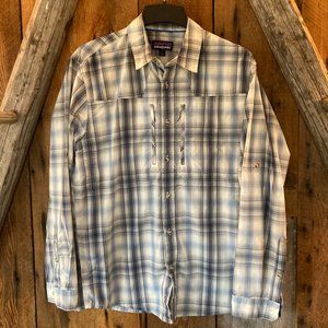 PATAGONIA Mens Long Sleeve Sun Stretch Shirt, Blue/Gray Plaid, Medium